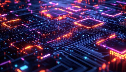 Fototapeta premium A vibrant digital circuit board with glowing elements, representing advanced technology and data processing.