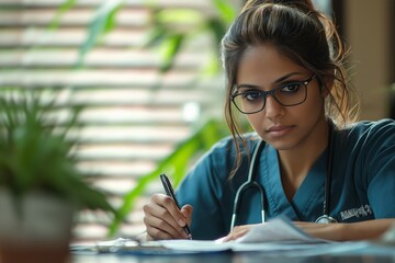Focused Indian Doctor in Scrubs Taking Notes During Medical Study Session
