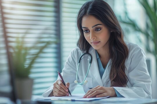 Young Indian Doctor in Glasses Studying Medical Notes in a Bright Clinic Environment