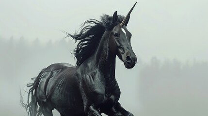 Majestic Black Unicorn Galloping Through Mist