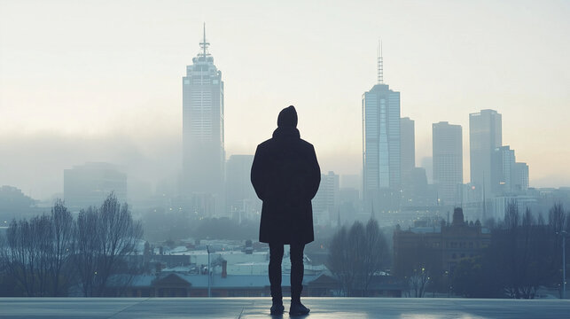 A person stands against the backdrop of a city skyline, observing large buildings partially submerged in fog. The city appears calm and misty, creating a sense of detachment and reflection