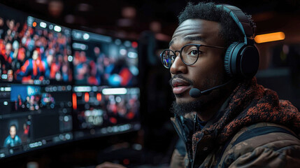 Obraz premium Young man operating live streaming equipment in a busy studio during an esports event