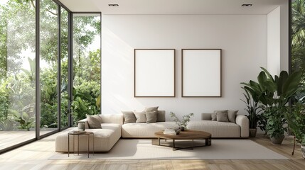 A modern living room featuring a cozy sectional sofa, a circular coffee table, and large windows bringing in natural light and greenery.