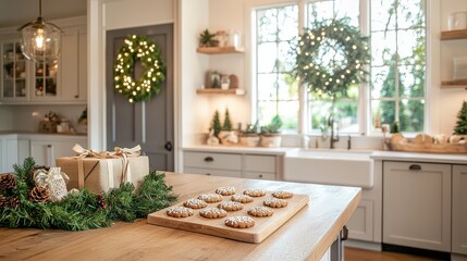 A warm, festive kitchen decorated with wreaths, holiday lights, and a wooden table featuring freshly baked cookies and seasonal decorations.