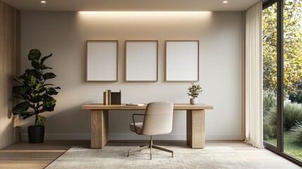 A modern, minimalistic office space featuring a wooden desk, a chair, plant decor, and three empty frames on the wall near a large window.