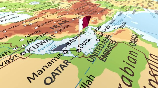 Qatar flag waving on the map
