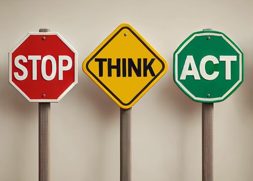 Three road signs: a red octagonal 'STOP,' a yellow diamond 'THINK,' and a green octagonal 'ACT,' emphasizing safety actions.
