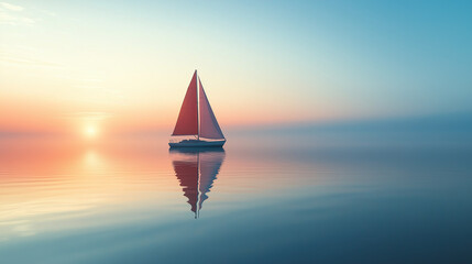 Sunset Sailboat On Open Sea With Red Sail And Tranquil Water Reflection