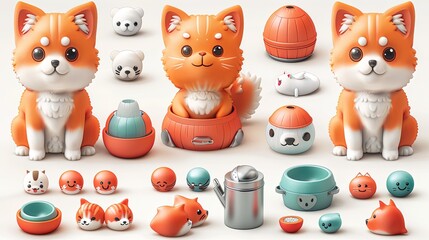 3d cute dog and cat, feed pet bowl and metal can, massage ball vector icon set, cartoon pet toys, accessories and food