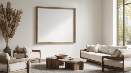A modern living room featuring minimalist furniture, a large blank frame, and natural decor elements that create a serene atmosphere.