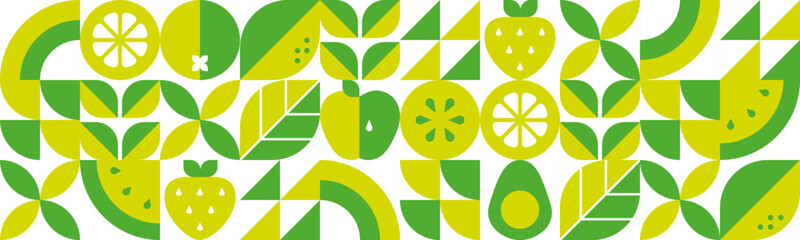 Abstract geometric background. Set of icons in simple flat style. Seamless pattern.Fresh organic food.Fruits, leaves and berries. Watermelon, apple, strawberry and orange slices.Vector illustration.