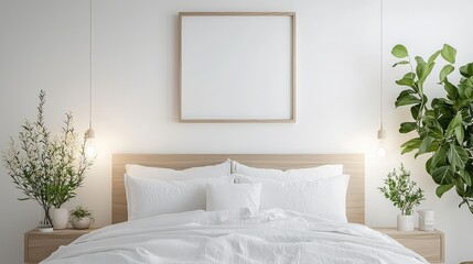A serene bedroom featuring a minimalist design with a wooden bed, white bedding, hanging lights, and lush green plants emphasizing tranquility.
