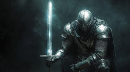 Naklejka premium A knight in full armor, holding a glowing sword, kneels with a hooded cloak in a dark smoky setting.