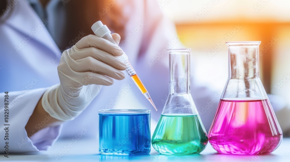Poster Scientist in Lab Coat Using Pipette to Transfer Liquid into Beaker