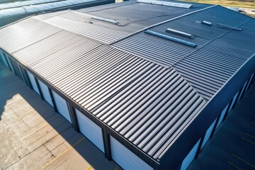 Fototapeta premium Aerial view of a large industrial building with a corrugated metal roof and multiple storage units.