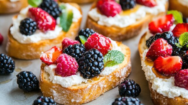 Toasted breakfast bruschetta topped with ricotta cheese, honey drizzle, and fresh berries, artisanal food style