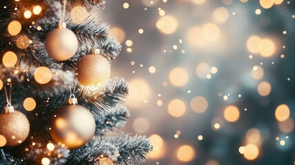 A beautifully decorated Christmas tree adorned with golden ornaments, glowing lights, and a soft bokeh background, creating a warm and festive atmosphere.