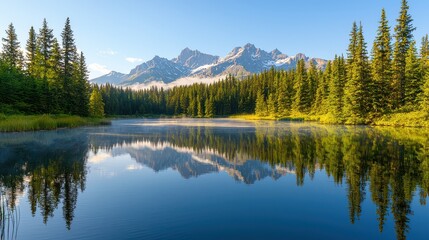 Fototapeta premium A tranquil lake surrounded by lush trees and majestic mountains, reflecting a clear blue sky in the serene morning light.