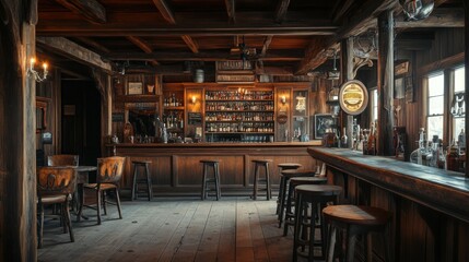 Obraz premium A high-definition realistic photo of an old western-style saloon bar interior, featuring wooden beams, rustic furniture, and a long polished bar with vintage bottles in the background, with ample