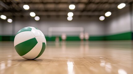 A volleyball rests on a polished wooden floor in a gymnasium, with a blurred backdrop of a sports court.