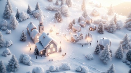 Naklejka premium A scenic winter village covered in snow, featuring cozy homes and pine trees, illuminated by warm lights. The serene landscape evokes feelings of holiday spirit and tranquility.