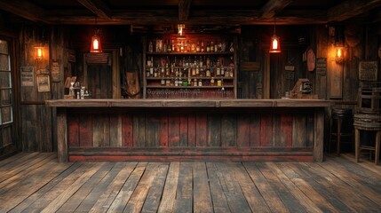 A wide-angle realistic photo of an old western saloon bar interior with worn floorboards, dimly lit lamps, and rustic decor, with empty space for copy to the right side