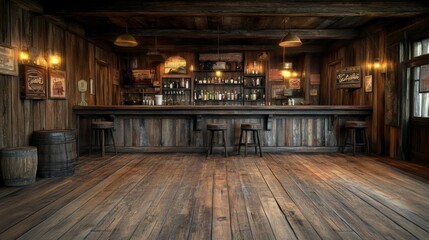 A wide-angle realistic photo of an old western saloon bar interior with worn floorboards, dimly lit lamps, and rustic decor, with empty space for copy to the right side