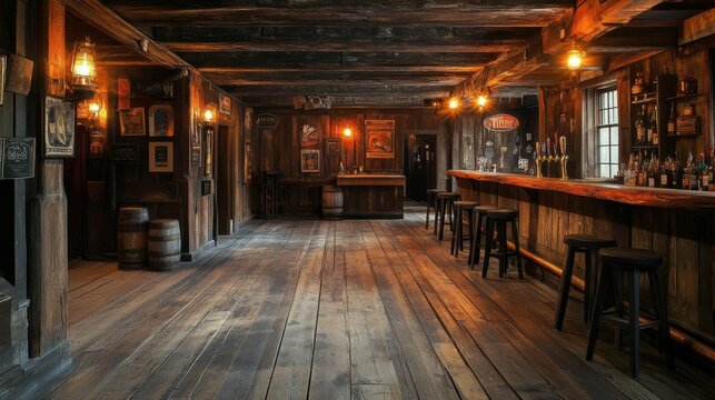 A wide-angle realistic photo of an old western saloon bar interior with worn floorboards, dimly lit lamps, and rustic decor, with empty space for copy to the right side