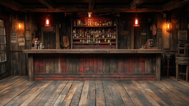 A wide-angle realistic photo of an old western saloon bar interior with worn floorboards, dimly lit lamps, and rustic decor, with empty space for copy to the right side