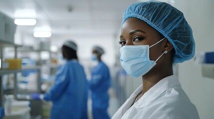 Health precautions like social distancing and mask-wearing in a vaccination clinic, ensuring public safety