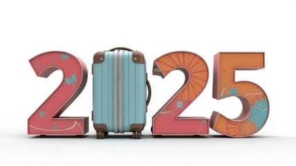 Colorful retro style 2025 with blue suitcase isolated on white background