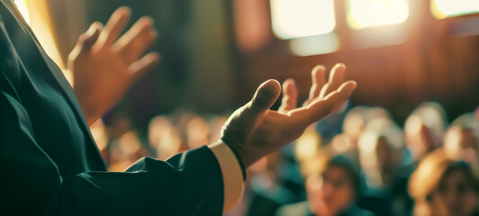 Speaker gesturing to engaged audience in a bright conference hall