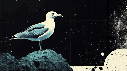 Obraz premium Graphic design featuring a seagull. Geometric shapes and lines in cold tones. 