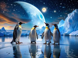 Obraz premium Penguins Night Out in the Arctic - Cute Wildlife Adventure