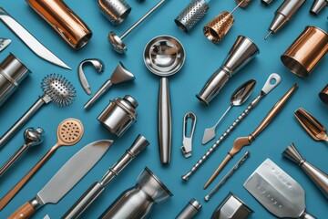 Kitchen utensils arranged on a vibrant blue background for cooking and baking