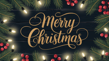 Merry Christmas greeting surrounded by festive decorations and lights.