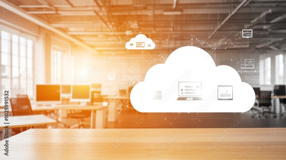 Poster Wooden Table with Cloud Computing Icon in Blurred Office Setting