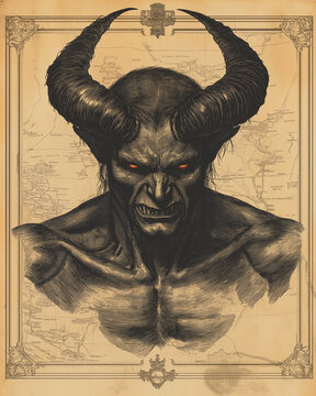 Vintage engraved angry devil card design, Vintage illustration