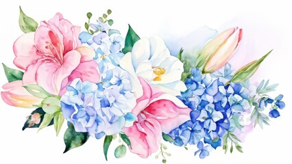 A vibrant watercolor arrangement of pink and blue flowers, ideal for decoration or design.