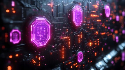 Obraz premium Futuristic Digital Cyber Panel with Glowing Vibrant Hexagonal Circuits and Patterns