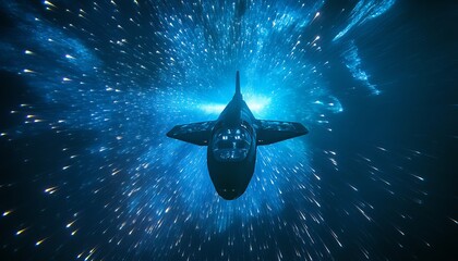Fototapeta premium Rear view of advanced submersible gliding through bioluminescent waters, macro photography reveals surreal aquatic life