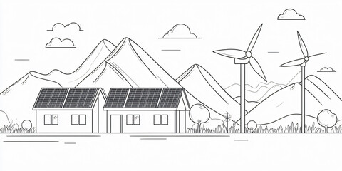 Illustration of a sustainable living with solar panels on houses and wind turbines in the background.