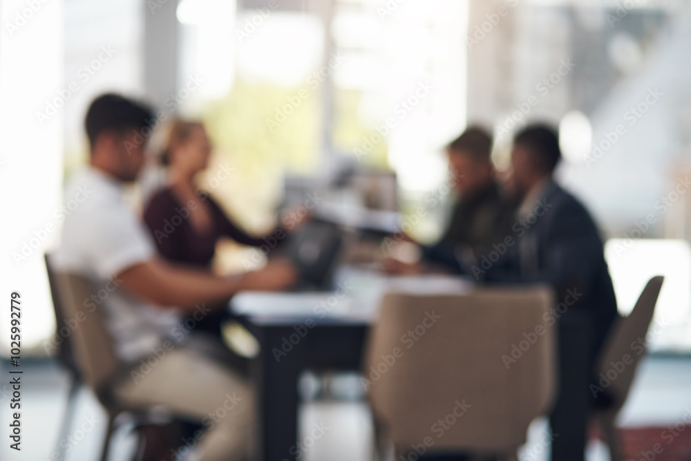 Wall mural Meeting, office and blur of business people in boardroom for planning, teamwork and collaboration. Corporate company, manager and men and women with for problem solving, solution and discussion