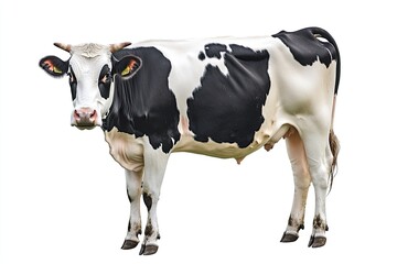 lack and white Holstein milk dairy cow, bovine, cattle, Production agriculture farming mammal with Udders visible. isolated on white background