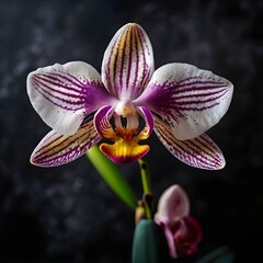A delicate orchid flower in bloom, set against a dark, moody background to highlight its vibrant color and form.