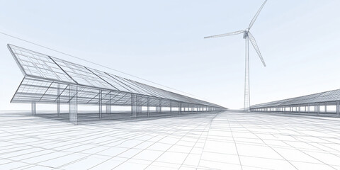 A 3D wireframe concept of a solar and wind farm.