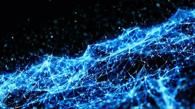 Abstract 3d rendering technology plexus blue dynamic digital surface on black background, geometrical shape with white lines particles futuristic movement