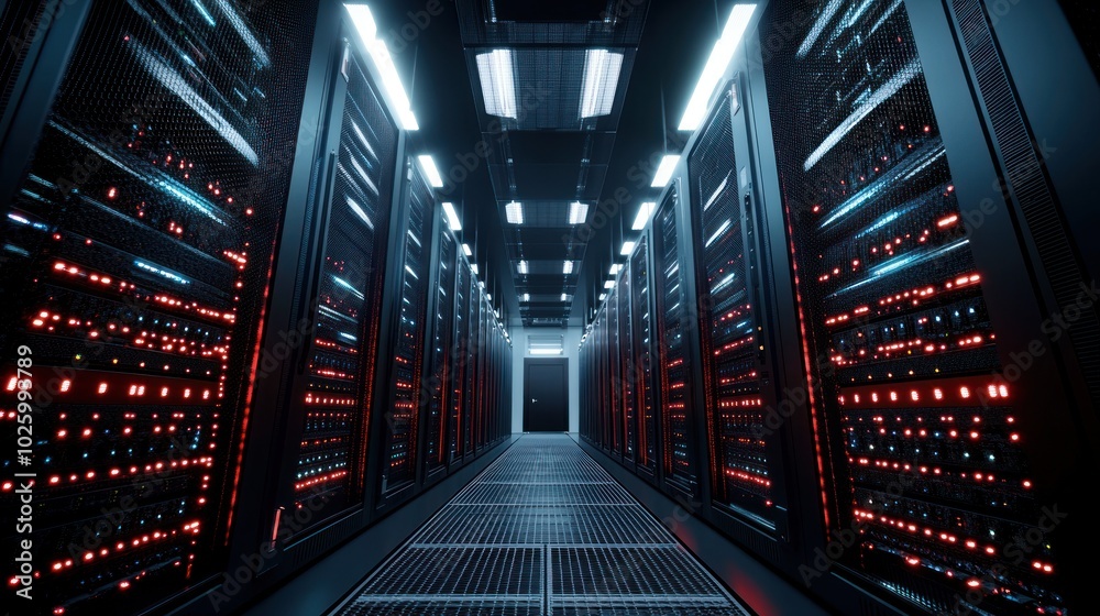 Aufkleber A row of lit servers in a dark server room with a metallic grid floor.