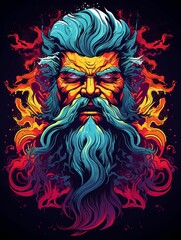 A Fierce, Blue-Haired Man with a Long Beard and Surrounding Swirling Colors
