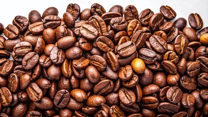 Obraz premium Roasted Coffee Beans on White Background – High-Quality Panoramic Photography for Coffee Lovers and Enthusiasts